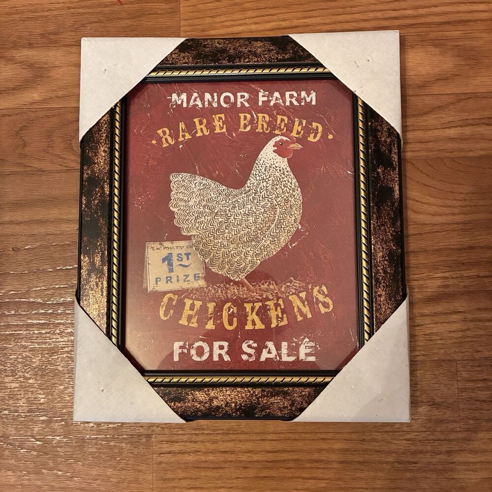 Farmhouse, Cottage Core Picture Chicken, Manor Farm, Black & Gold Frame 10”x12”